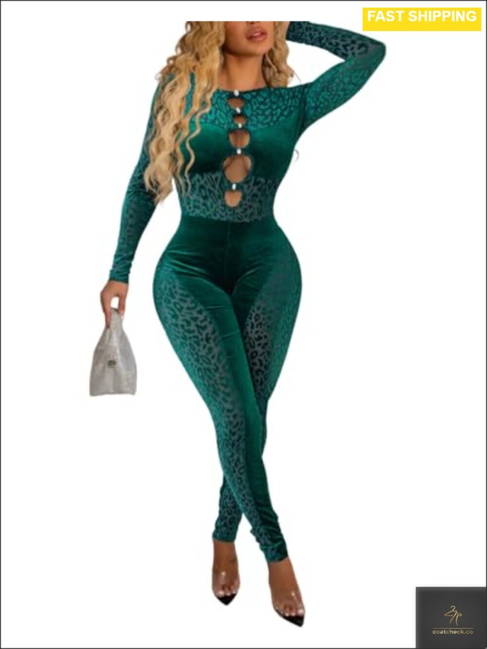 Mesh Velvet Patchwork Jumpsuit V Neck Bodycon Clubwear
